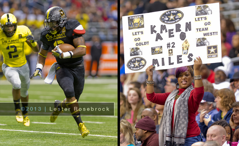Kameron Miles runs for yardage at the 2013 Army All-American High School Football Game while his biggest fan cheers him on from the stands.  Kameron is from West Mesquite HS (Mesquite, TX) and has made a commitment to play for Texas A&M.