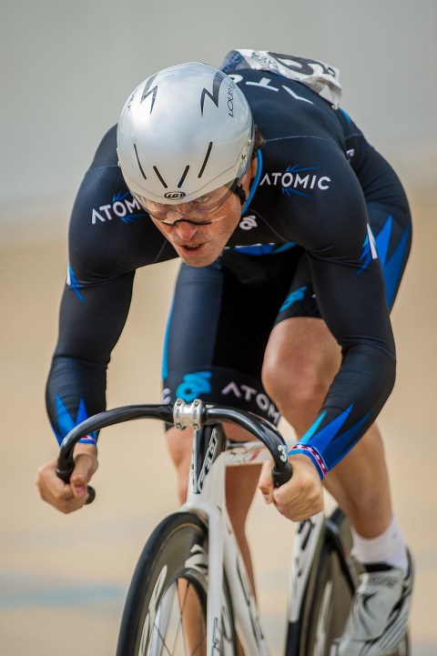 Andy Weathers (team Atomic High Performance) eyes the finish line at the end of the Men's 200m time trial. The Alkek velodrome in Houston is hosting the 2014 Texas Elite Championships on August 2nd and 3rd. 
