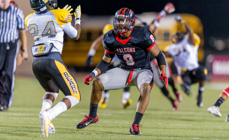 Teddy Britton of the Stevens Falcons prepares to tackle a Brennan player once he catches a punt return during the final game of the season. Brennan won the game 55 - 14.  More photos of the game are here.