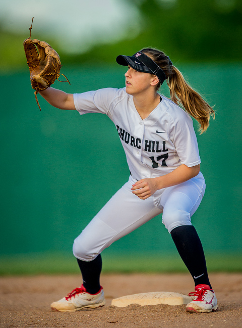 Abigail White (Churchill Chargers) covers 2nd base during the game against Roosevelt.  Click here to see more images from the game.  For this photo, I used a Nikon D3s with a 400mm f/2.8 lens.